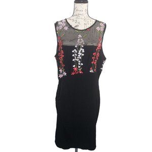 VTG Miss Star USA Sheer Asymetrical Floral Top on Black bodycon style dress XL